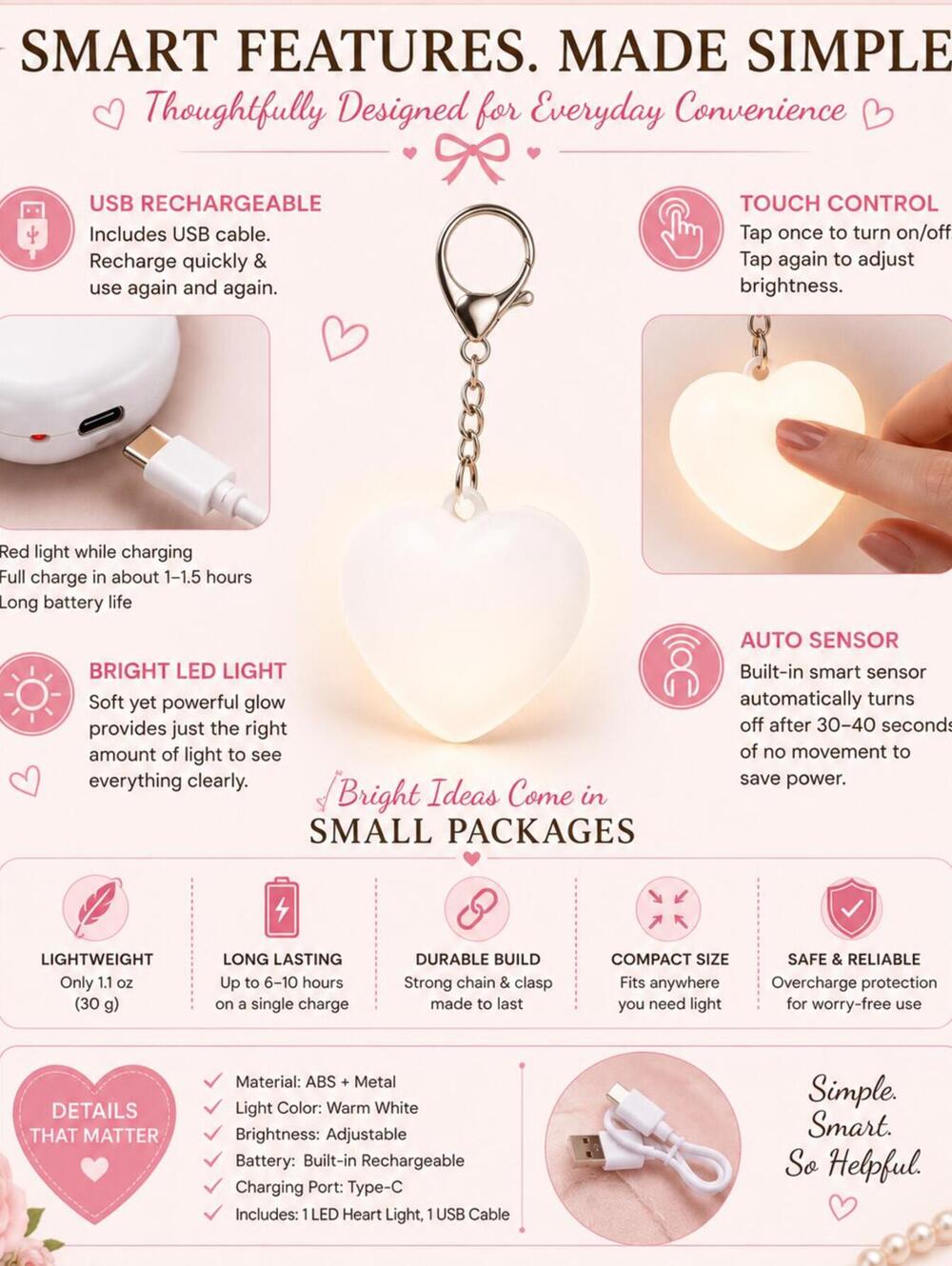 Heart LED Purse Light - Rechargeable White Keychain Accessory - Picture 4 of 9
